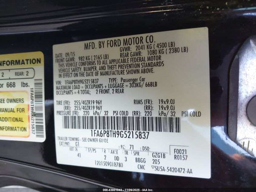 2016 Ford Mustang Ecoboost VIN: 1FA6P8TH9G5215837 Lot: 43801043