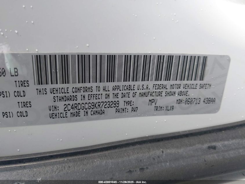 2019 Dodge Grand Caravan Sxt VIN: 2C4RDGCG9KR723299 Lot: 43801045