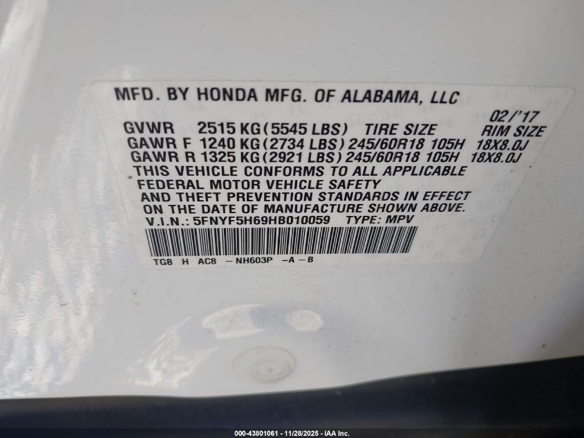 2017 Honda Pilot Ex-L VIN: 5FNYF5H69HB010059 Lot: 43801061