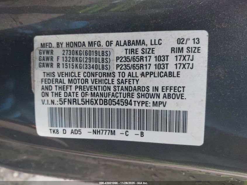 2013 Honda Odyssey Ex-L VIN: 5FNRL5H6XDB054594 Lot: 43801066