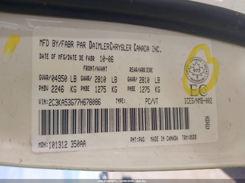 2007 Chrysler 300 VIN: 2C3KA53G77H678086 Lot: 43801071