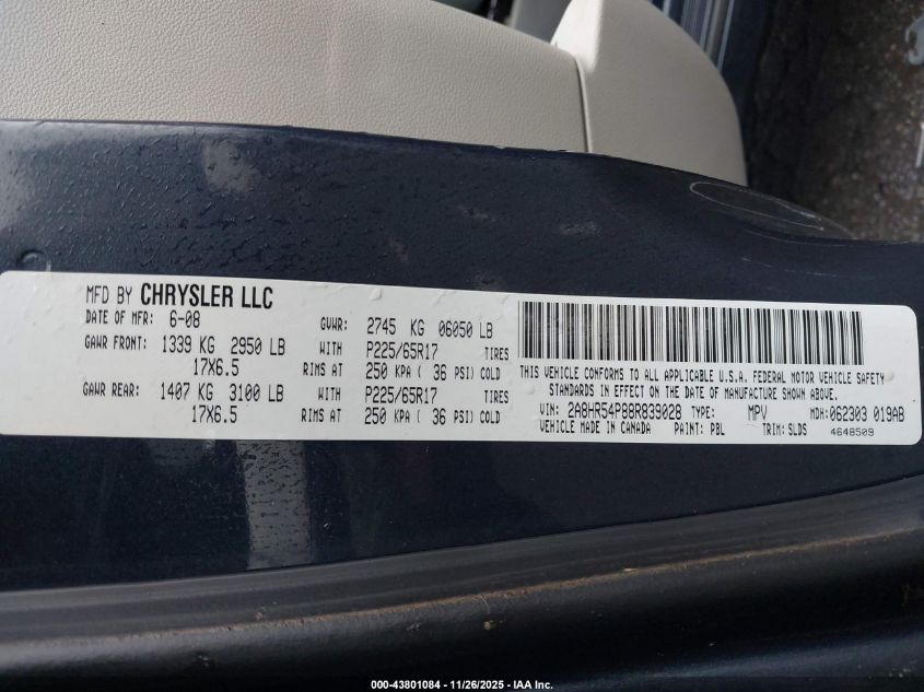 2008 Chrysler Town & Country Touring VIN: 2A8HR54P88R839028 Lot: 43801084