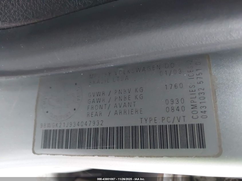 2003 Volkswagen Golf Gls VIN: 9BWGK21J934047932 Lot: 43801087