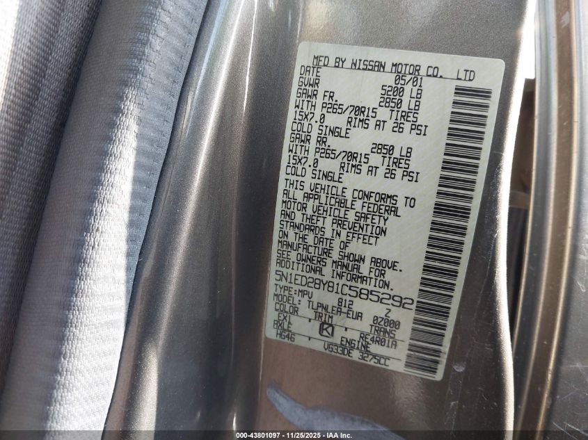 2001 Nissan Xterra Xe VIN: 5N1ED28Y81C585292 Lot: 43801097