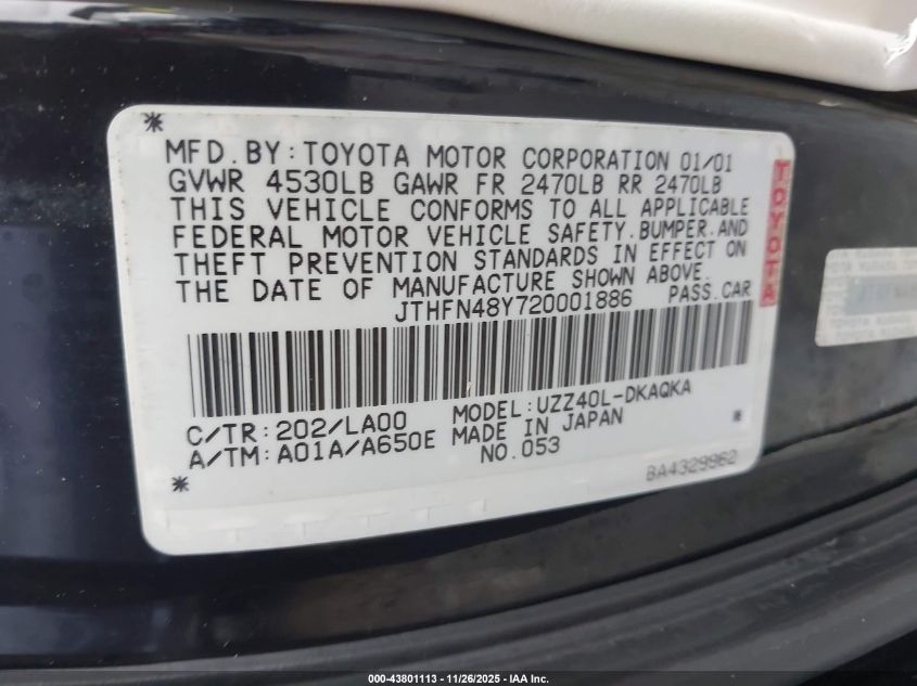 2002 Lexus Sc 430 VIN: JTHFN48Y720001886 Lot: 43801113