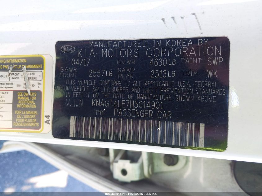 2017 Kia Optima Hybrid VIN: KNAGT4LE7H5014901 Lot: 43801121