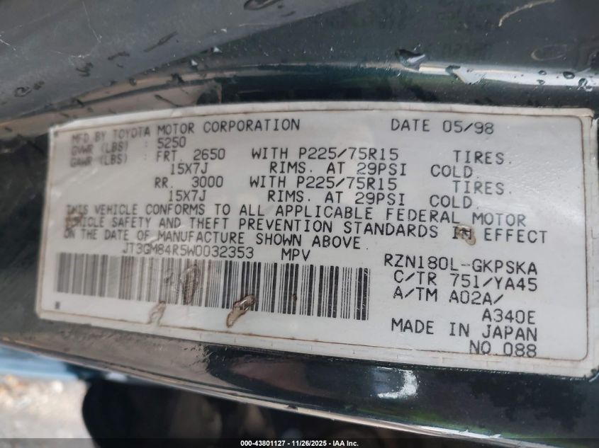 1998 Toyota 4Runner VIN: JT3GM84R5W0032353 Lot: 43801127