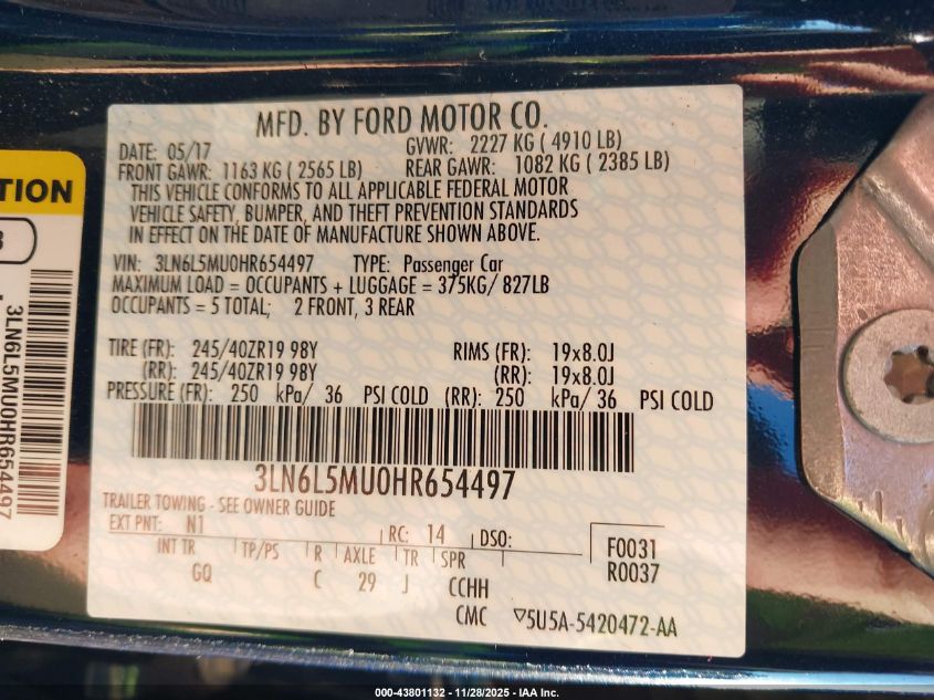 2017 Lincoln Mkz Hybrid Reserve VIN: 3LN6L5MU0HR654497 Lot: 43801132