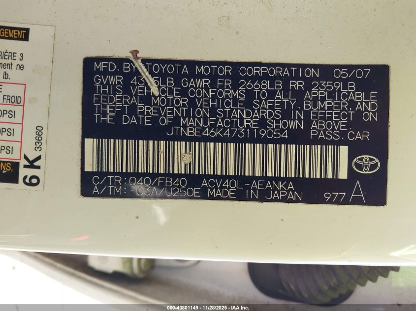 2007 Toyota Camry Le VIN: JTNBE46K473119054 Lot: 43801149