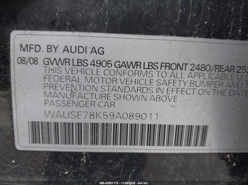 2009 Audi A4 2.0T Premium VIN: WAUSF78K59A089011 Lot: 43801175