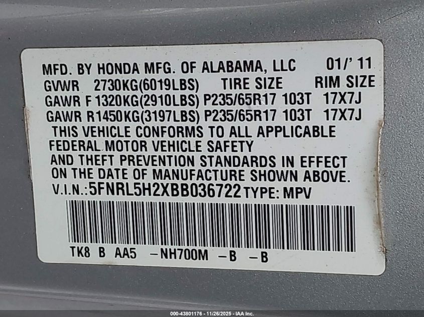 2011 Honda Odyssey Lx VIN: 5FNRL5H2XBB036722 Lot: 43801176