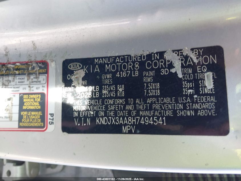 2017 Kia Soul ! VIN: KNDJX3AA8H7494541 Lot: 43801182