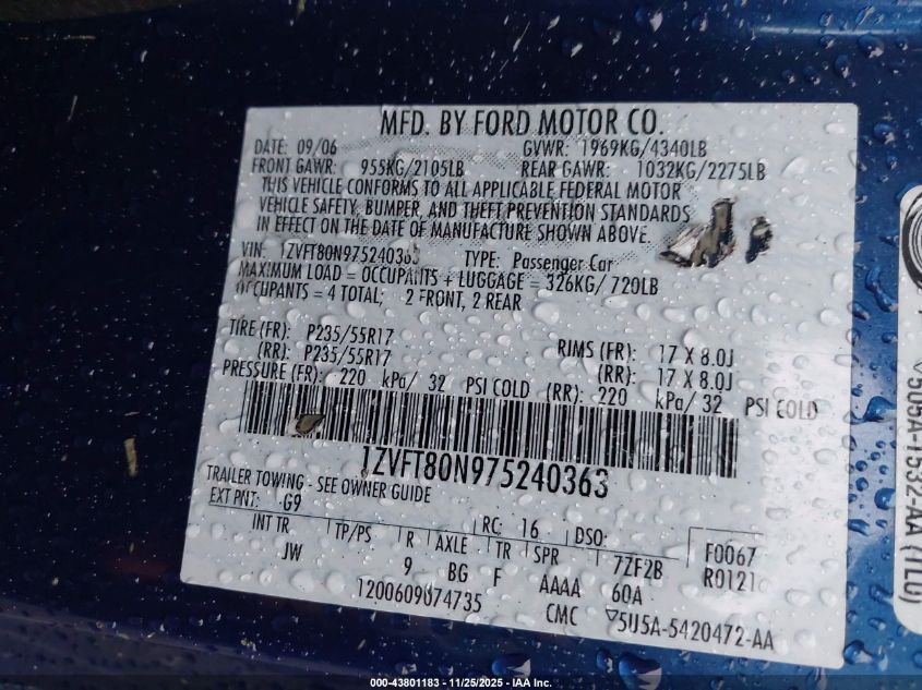 2007 Ford Mustang V6 Deluxe/V6 Premium VIN: 1ZVFT80N975240363 Lot: 43801183