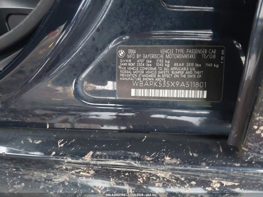 2009 BMW 328I xDrive VIN: WBAPK535X9A511801 Lot: 43801192