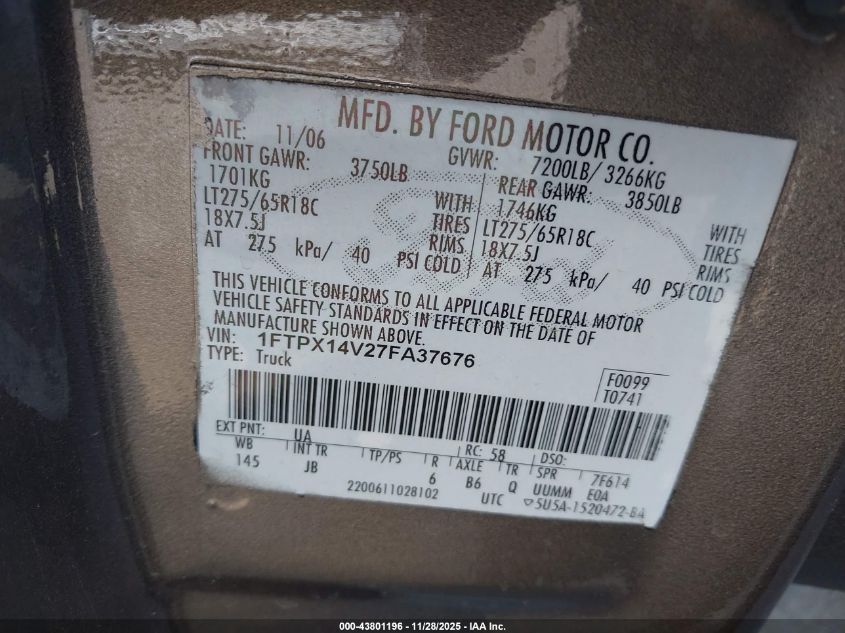 2007 Ford F-150 Fx4/Lariat/Xl/Xlt VIN: 1FTPX14V27FA37676 Lot: 43801196