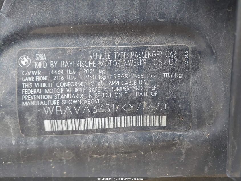 2007 BMW 328I VIN: WBAVA33517KX77620 Lot: 43801197