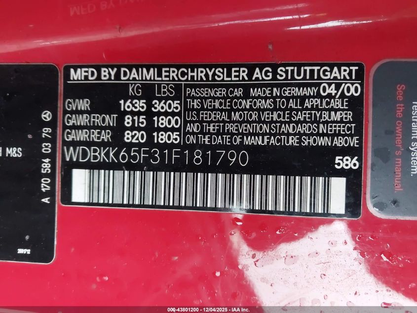 2001 Mercedes-Benz Slk 320 VIN: WDBKK65F31F181790 Lot: 43801200