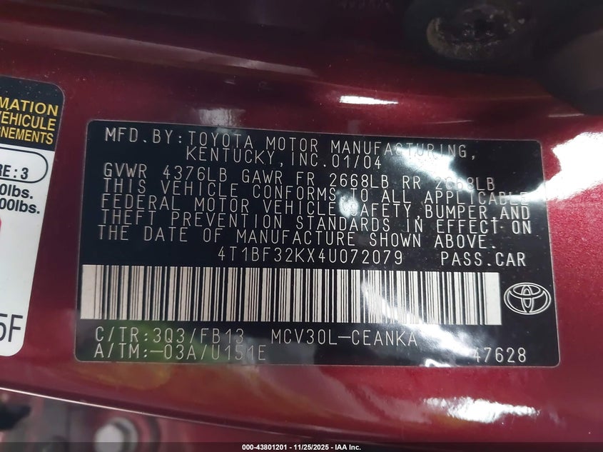 2004 Toyota Camry Le V6 VIN: 4T1BF32KX4U072079 Lot: 43801201