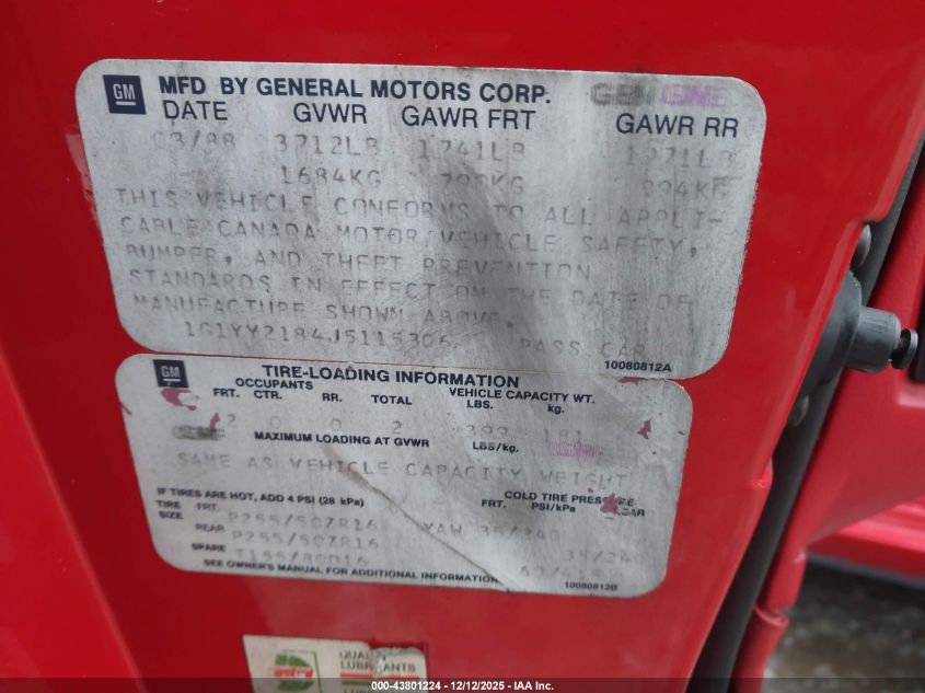 1988 Chevrolet Corvette VIN: 1G1YY2184J5115306 Lot: 43801224