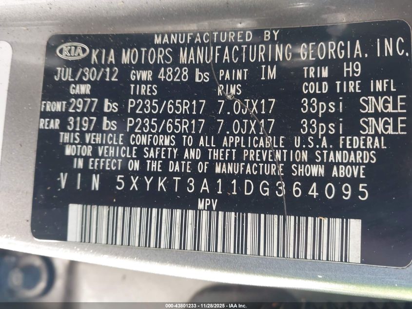 2013 Kia Sorento Lx VIN: 5XYKT3A11DG364095 Lot: 43801233
