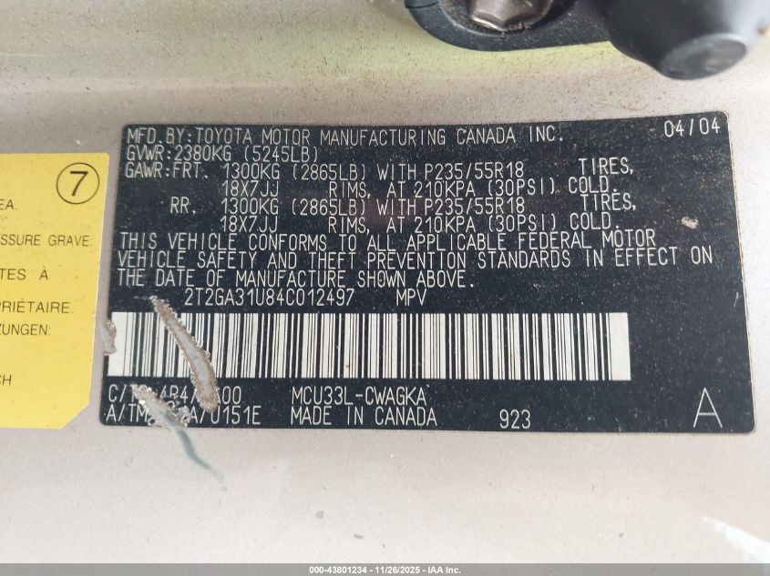 2004 Lexus Rx 330 VIN: 2T2GA31U84C012497 Lot: 43801234