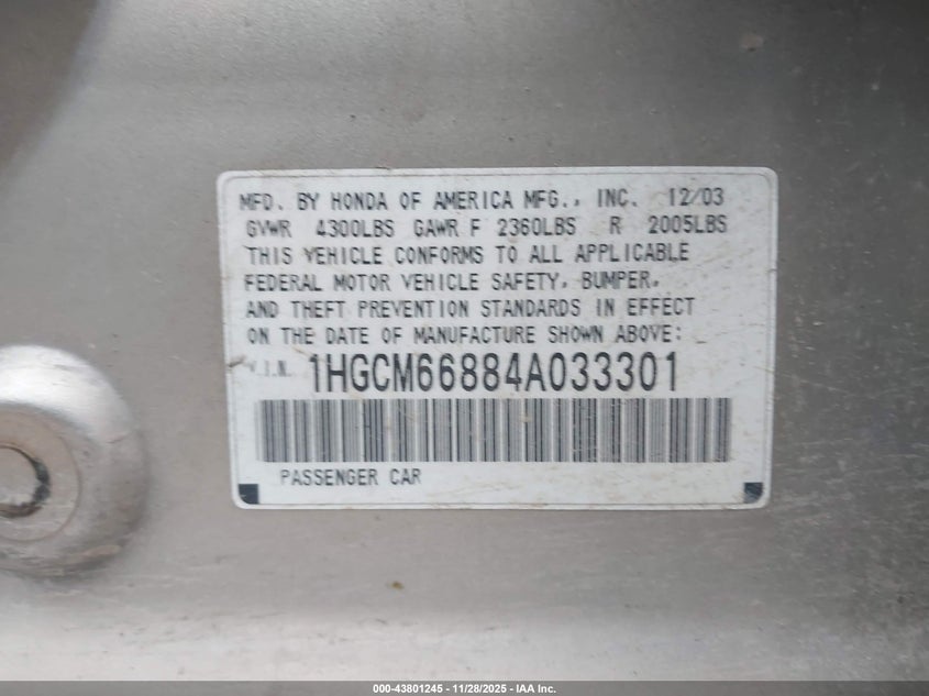 2004 Honda Accord 3.0 Ex VIN: 1HGCM66884A033301 Lot: 43801245