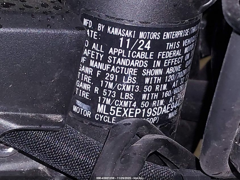 2025 Kawasaki Ex650 P VIN: ML5EXEP19SDAE9442 Lot: 43801256