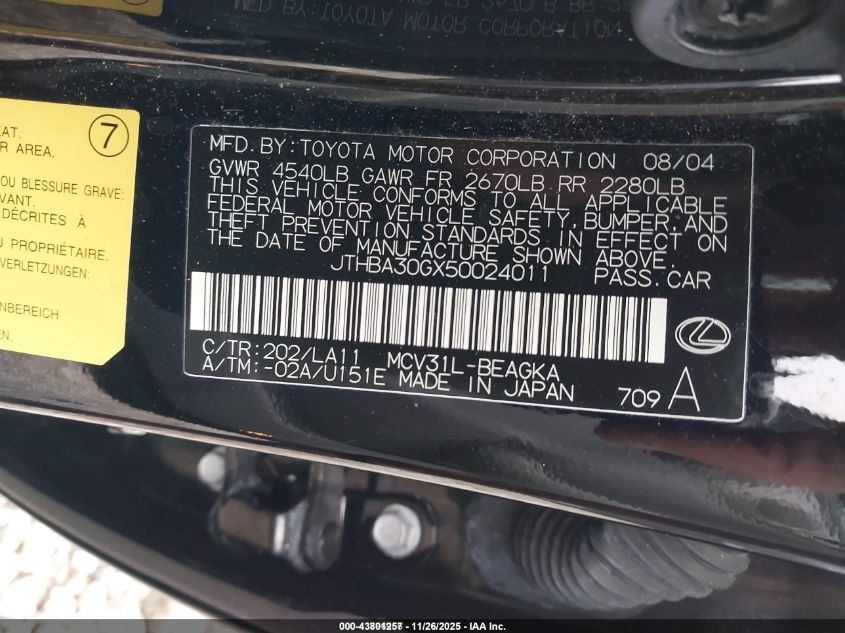 2005 Lexus Es 330 VIN: JTHBA30GX50024011 Lot: 43801257