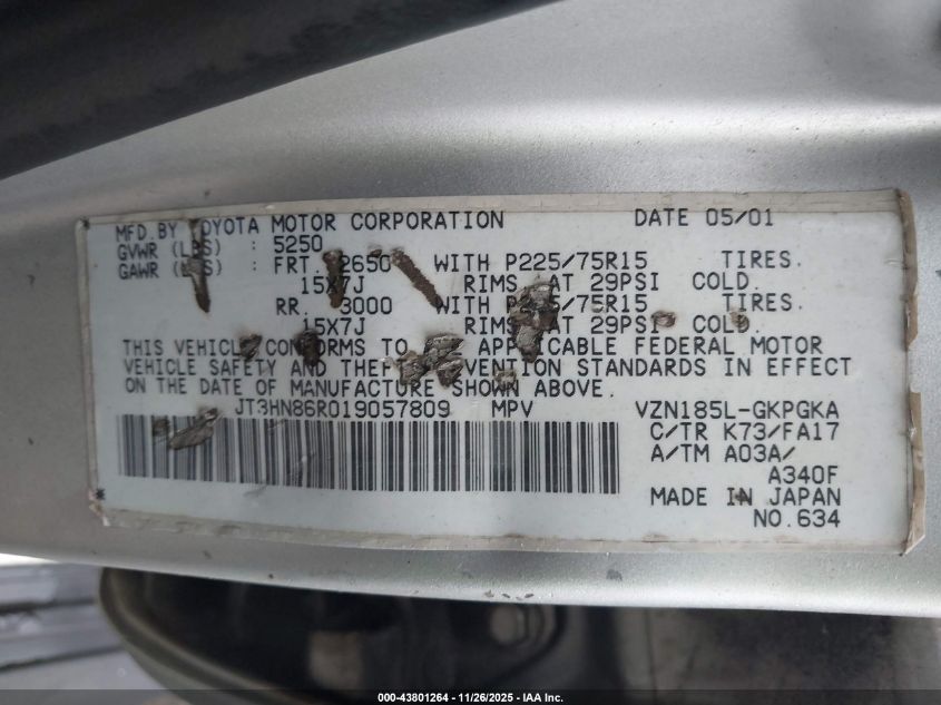 2001 Toyota 4Runner Sr5 V6 VIN: JT3HN86R019057809 Lot: 43801264