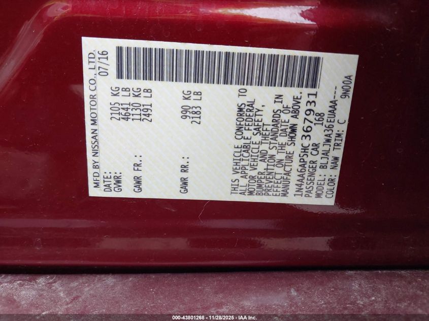 2017 Nissan Maxima 3.5 Platinum/3.5 S/3.5 Sl/3.5 Sr/3.5 Sv VIN: 1N4AA6AP5HC367931 Lot: 43801268