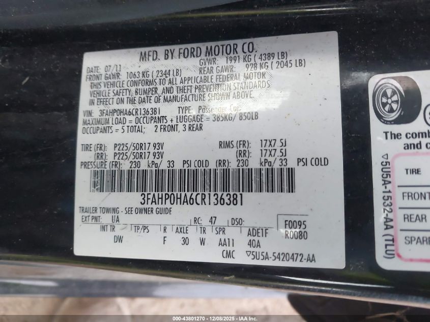 2012 Ford Fusion Se VIN: 3FAHP0HA6CR136381 Lot: 43801270