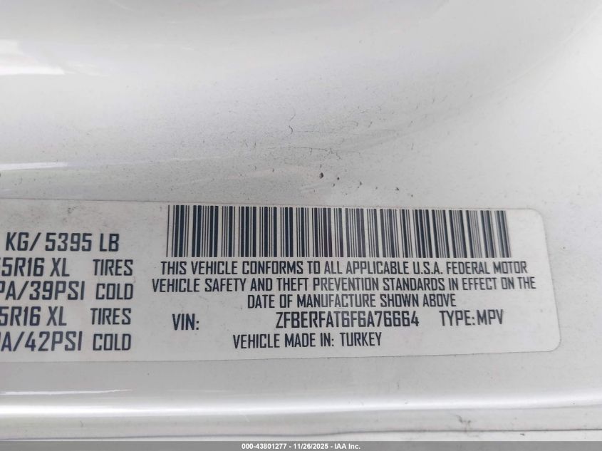 2015 Ram Promaster City Tradesman VIN: ZFBERFAT6F6A76664 Lot: 43801277