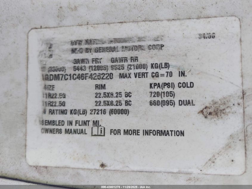 2006 GMC Tc7500 VIN: 1GDM7C1C46F426220 Lot: 43801278