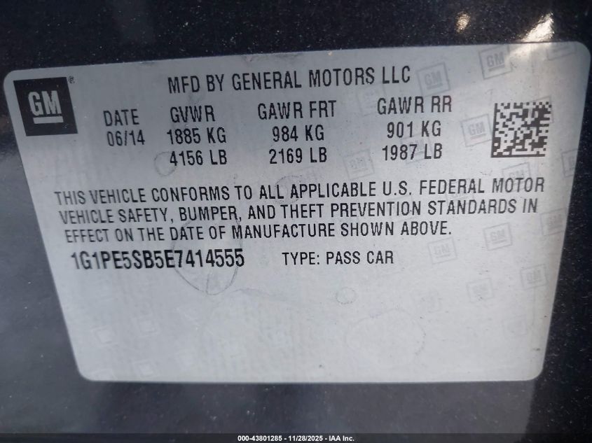 2014 Chevrolet Cruze 2Lt Auto VIN: 1G1PE5SB5E7414555 Lot: 43801285