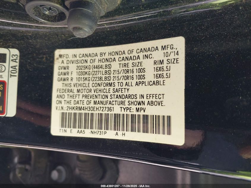 2014 Honda Cr-V Lx VIN: 2HKRM4H30EH727361 Lot: 43801287