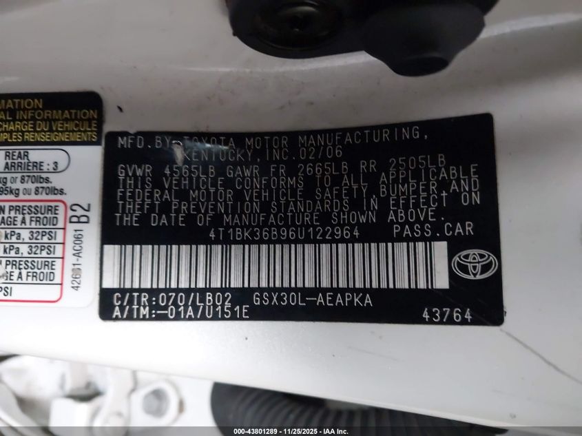 2006 Toyota Avalon Limited VIN: 4T1BK36B96U122964 Lot: 43801289