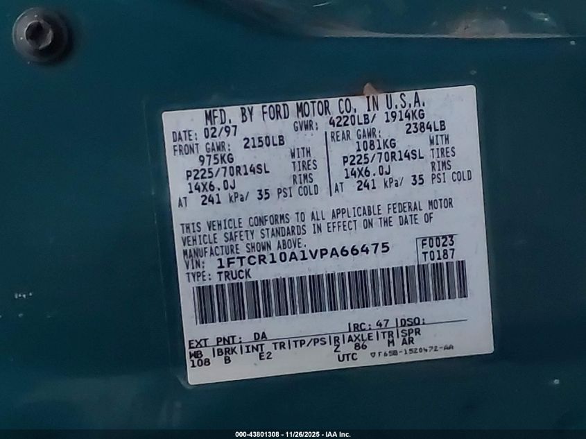 1997 Ford Ranger Splash/Xl/Xlt VIN: 1FTCR10A1VPA66475 Lot: 43801308