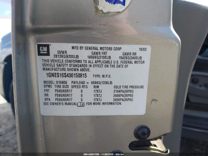 2003 Chevrolet Trailblazer Ext Lt VIN: 1GNES16S436150815 Lot: 43801309