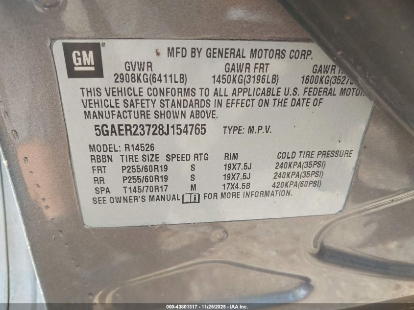 2008 Buick Enclave Cxl VIN: 5GAER23728J154765 Lot: 43801317