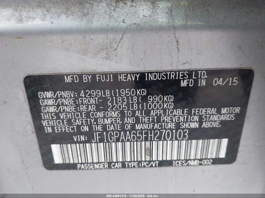 2015 Subaru Impreza 2.0I VIN: JF1GPAA65FH270103 Lot: 43801318