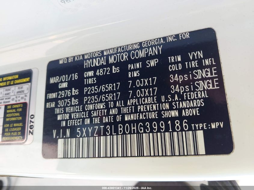 2017 Hyundai Santa Fe Sport 2.4L VIN: 5XYZT3LB0HG399186 Lot: 43801341