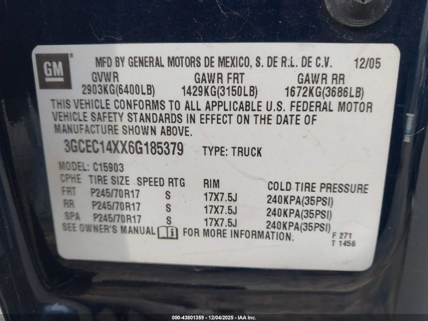 2006 Chevrolet Silverado 1500 Work Truck VIN: 3GCEC14XX6G185379 Lot: 43801359