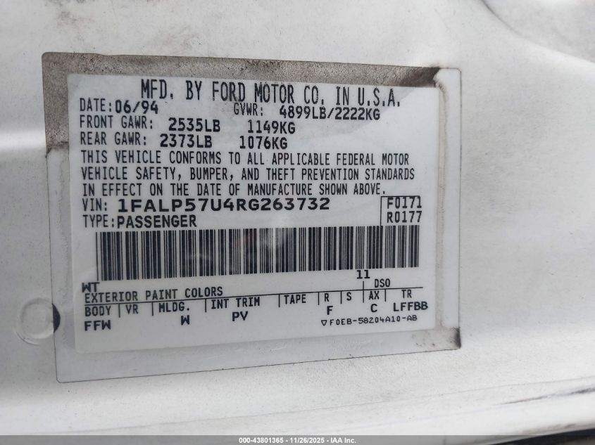 1994 Ford Taurus Gl VIN: 1FALP57U4RG263732 Lot: 43801365