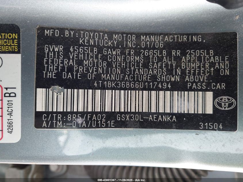 2006 Toyota Avalon Xl VIN: 4T1BK36B66U117494 Lot: 43801367