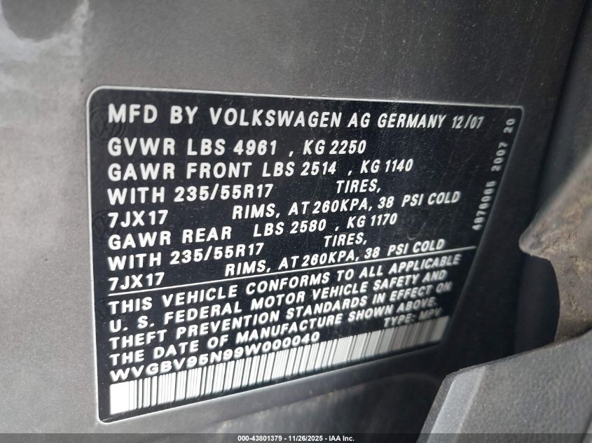 2009 Volkswagen Tiguan Se/Sel VIN: WVGBV95N99W000040 Lot: 43801379