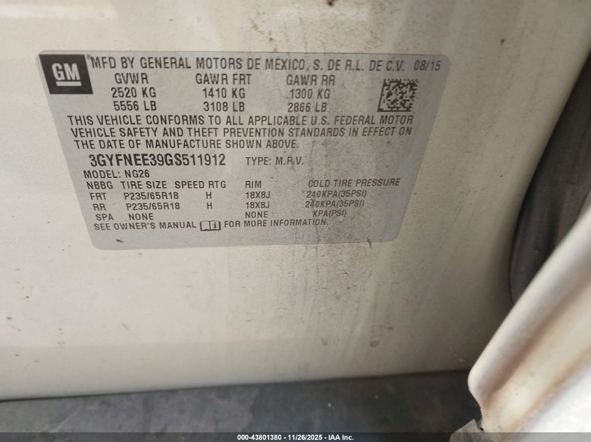 2016 Cadillac Srx Luxury Collection VIN: 3GYFNEE39GS511912 Lot: 43801380