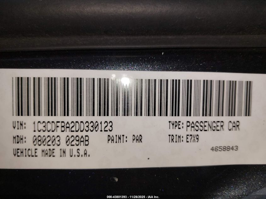 2013 Dodge Dart Sxt VIN: 1C3CDFBA2DD330123 Lot: 43801393