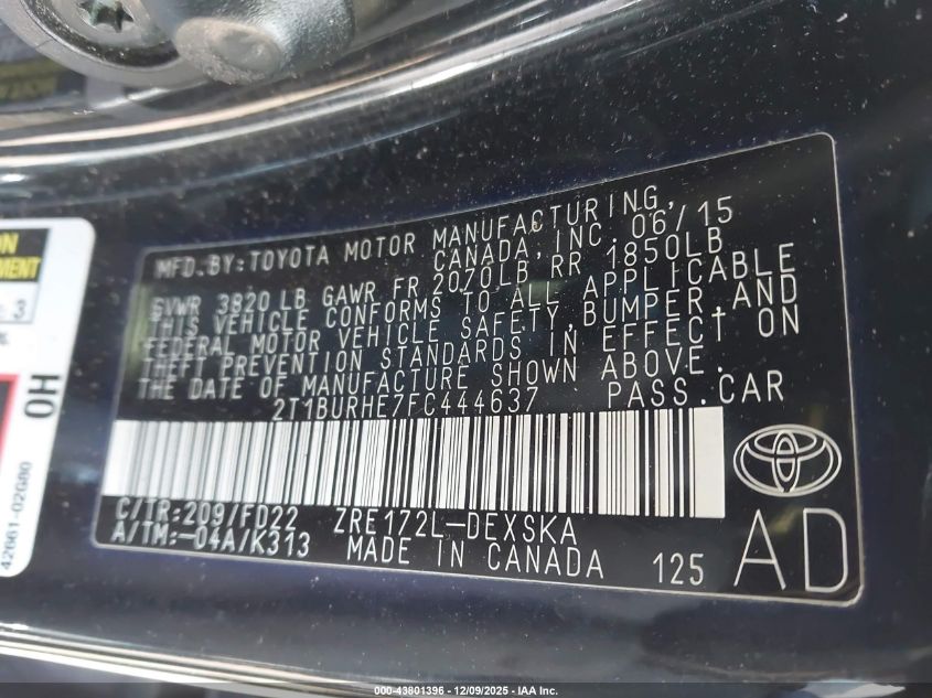 2015 Toyota Corolla S Plus VIN: 2T1BURHE7FC444637 Lot: 43801396