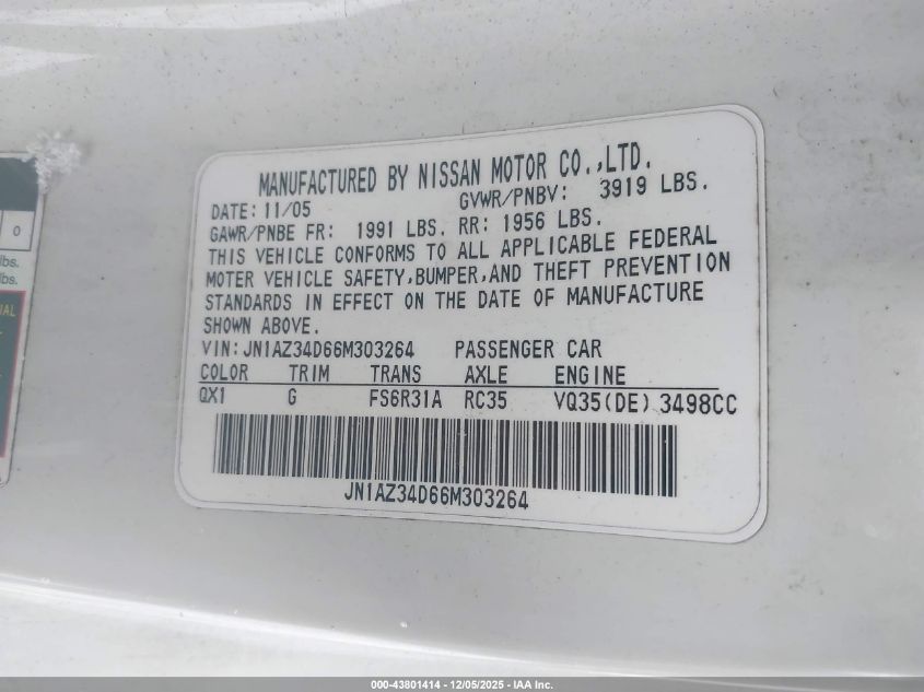 2006 Nissan 350Z VIN: JN1AZ34D66M303264 Lot: 43801414