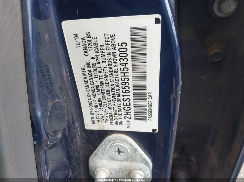 2005 Honda Civic Lx VIN: 2HGES16595H543005 Lot: 43801415